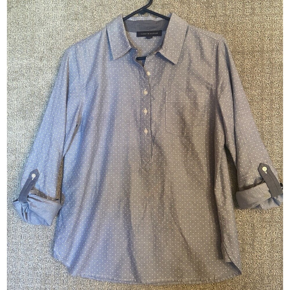 Tommy Hillfiger Pullover Blouse Quarter Button Roll Tab Sleeves Medium Polka Dot